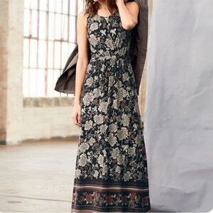 Garnet Hill Floral Ruched Sleeveless Cinched Waist Maxi Dress